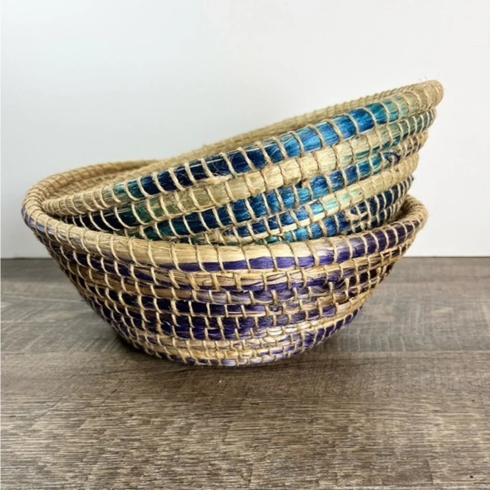 Woven baskets big 12” decor storage Boho coastal home set of two‎ blue